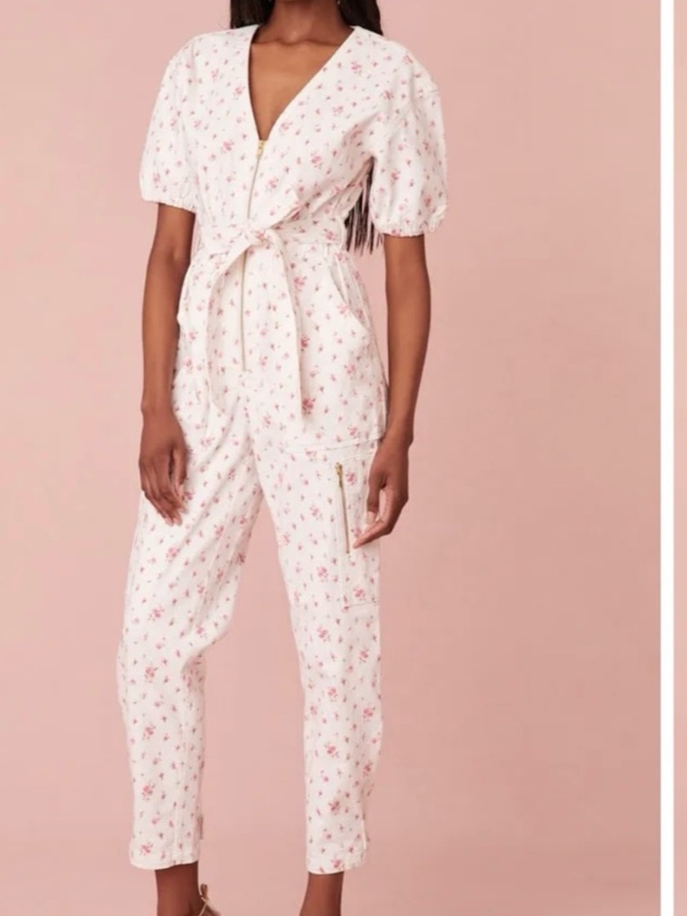 LoveShackFancy White Jumpsuit with Carmine Floral Print